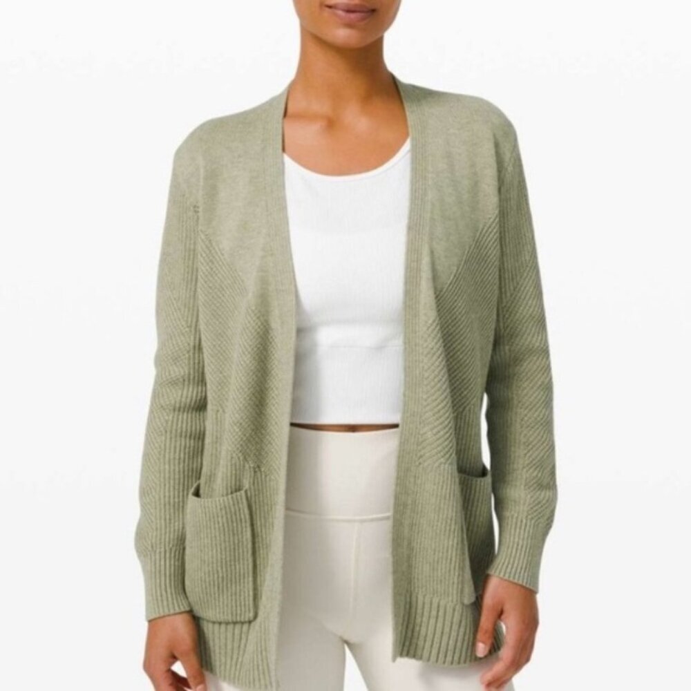 Lululemon WOOL Blend Cotton Rib Knit Textured Open Cardigan Heathered Size 6